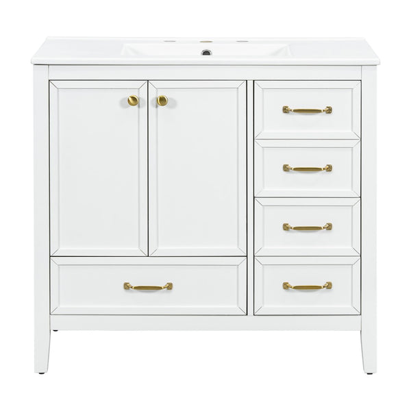 English Elm 36" Solid Pine Bathroom Vanity with Ceramic Sink 4 Soft Close Drawers Vintage Style White N759S293646K