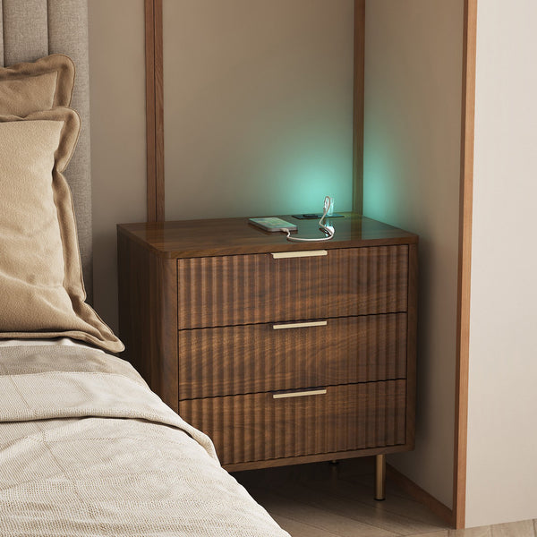 English Elm Nightstand With Smart Charging Station & Led Night Light - Modern Storage Solution For Bedrooms W1321P374364