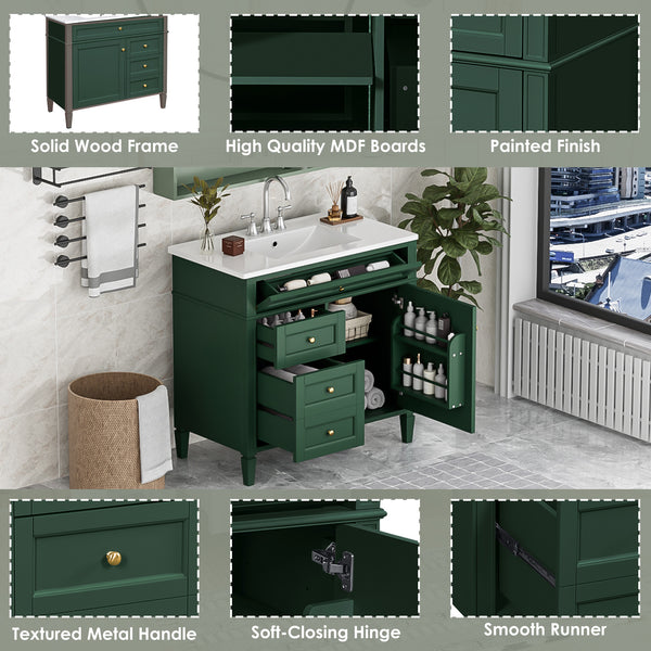 English Elm 36'' Modern Bathroom Vanity With Ceramic Top Sink, Soft-Close Drawers & Elegant Green Finish N710P230246F