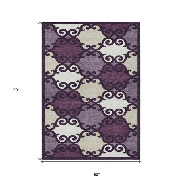 HomeRoots 5' Eggplant and Ivory Trellis Rug – Stylish, Durable, Washable Area Rug for Indoor and Outdoor Spaces 5' X 8' 592006