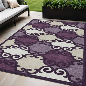 HomeRoots 5' Eggplant and Ivory Trellis Rug – Stylish, Durable, Washable Area Rug for Indoor and Outdoor Spaces 5' X 8' 592006