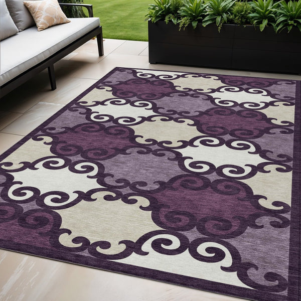 HomeRoots 5' Eggplant and Ivory Trellis Rug – Stylish, Durable, Washable Area Rug for Indoor and Outdoor Spaces 5' X 8' 592006