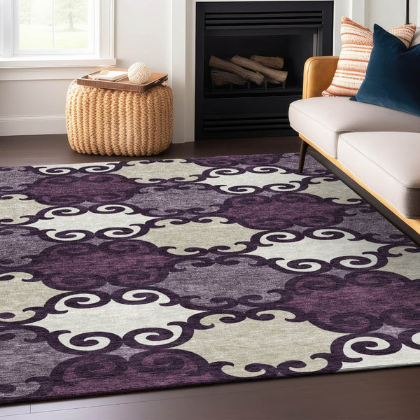 HomeRoots 5' Eggplant and Ivory Trellis Rug – Stylish, Durable, Washable Area Rug for Indoor and Outdoor Spaces 5' X 8' 592006