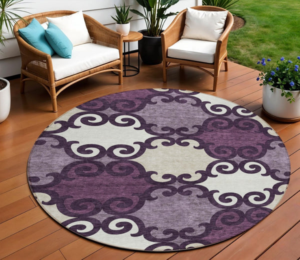 HomeRoots 5' Eggplant and Ivory Trellis Rug – Stylish, Durable, Washable Area Rug for Indoor and Outdoor Spaces 8' Round 592007