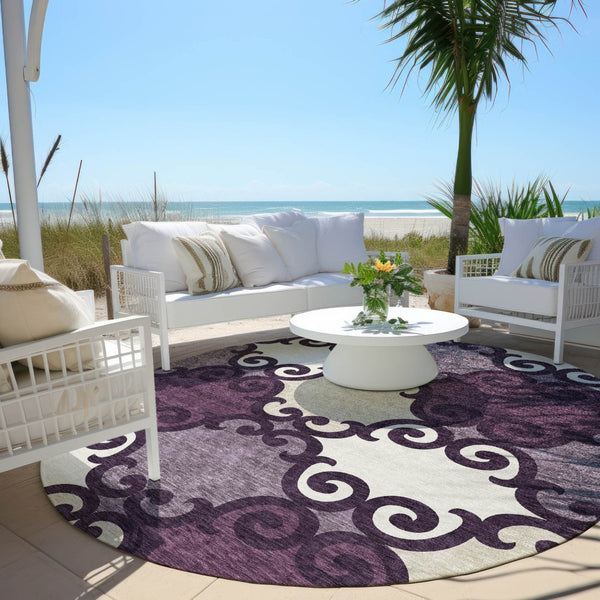 HomeRoots 5' Eggplant and Ivory Trellis Rug – Stylish, Durable, Washable Area Rug for Indoor and Outdoor Spaces 8' Round 592007