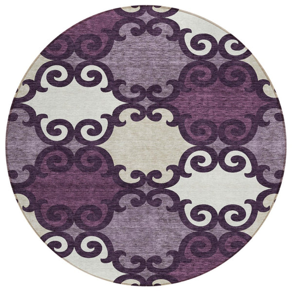 HomeRoots 5' Eggplant and Ivory Trellis Rug – Stylish, Durable, Washable Area Rug for Indoor and Outdoor Spaces 8' Round 592007