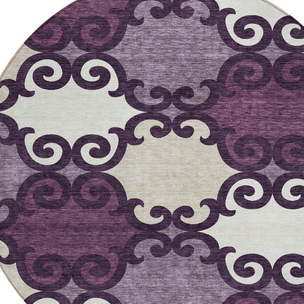 HomeRoots 5' Eggplant and Ivory Trellis Rug – Stylish, Durable, Washable Area Rug for Indoor and Outdoor Spaces 8' Round 592007