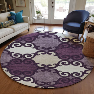 HomeRoots 5' Eggplant and Ivory Trellis Rug – Stylish, Durable, Washable Area Rug for Indoor and Outdoor Spaces 8' Round 592007