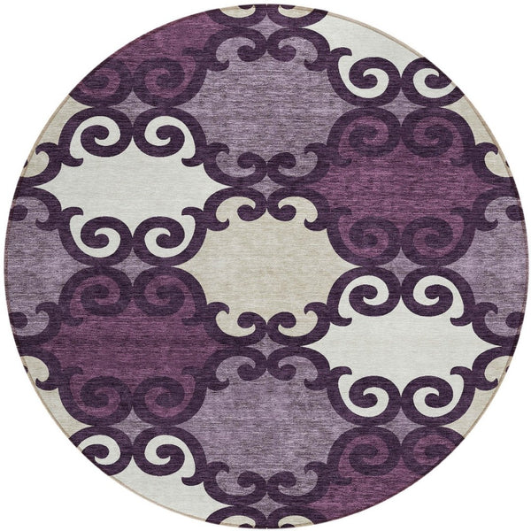 HomeRoots 5' Eggplant and Ivory Trellis Rug – Stylish, Durable, Washable Area Rug for Indoor and Outdoor Spaces 8' Round 592007