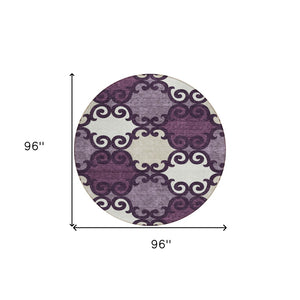 HomeRoots 5' Eggplant and Ivory Trellis Rug – Stylish, Durable, Washable Area Rug for Indoor and Outdoor Spaces 8' Round 592007