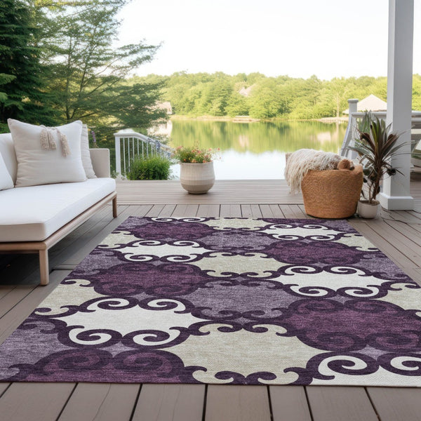 HomeRoots 5' Eggplant and Ivory Trellis Rug – Stylish, Durable, Washable Area Rug for Indoor and Outdoor Spaces 8' X 10' 592008