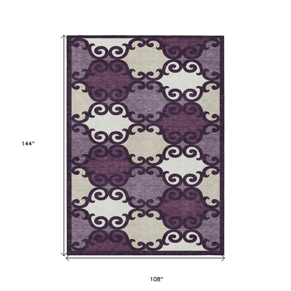 HomeRoots 9' Elegant Eggplant and Ivory Trellis Washable Area Rug for Indoor and Outdoor Versatility 9' X 12' 592009