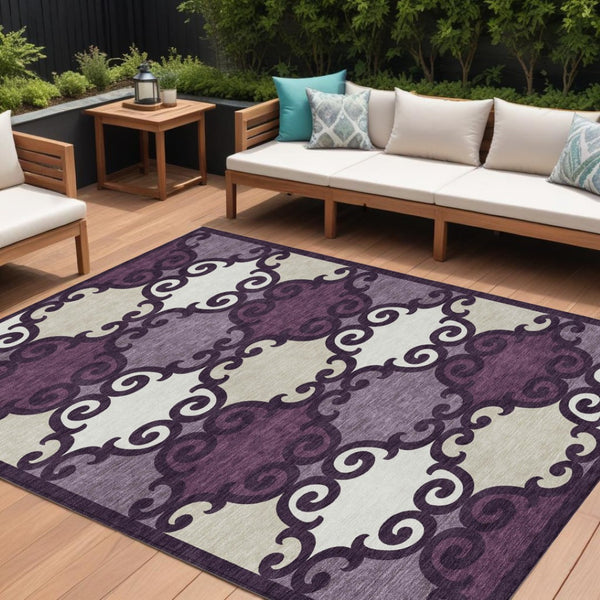 HomeRoots 9' Elegant Eggplant and Ivory Trellis Washable Area Rug for Indoor and Outdoor Versatility 9' X 12' 592009