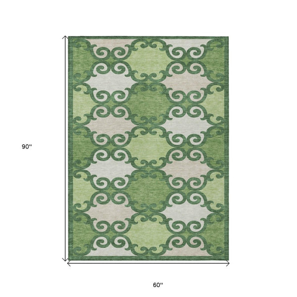 HomeRoots 5' Green and Ivory Trellis Washable Area Rug for Indoor and Outdoor Spaces – Durable, Stylish, Easy-Care 5' X 8' 592012