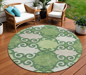 HomeRoots 5' Green and Ivory Trellis Washable Area Rug for Indoor and Outdoor Spaces – Durable, Stylish, Easy-Care 8' Round 592013