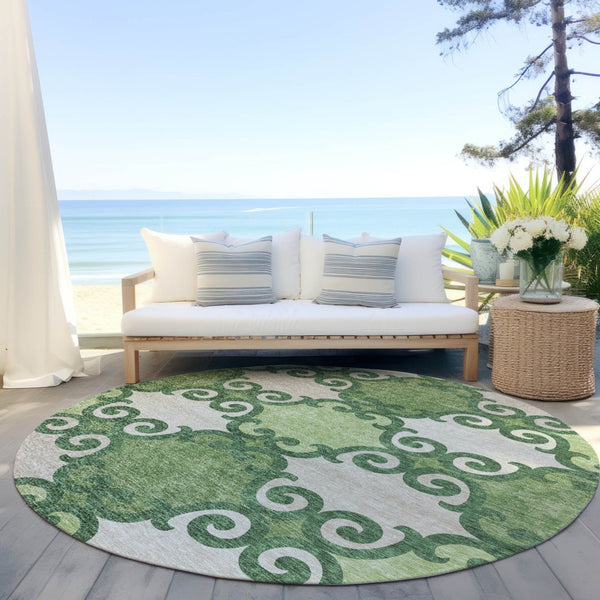 HomeRoots 5' Green and Ivory Trellis Washable Area Rug for Indoor and Outdoor Spaces – Durable, Stylish, Easy-Care 8' Round 592013