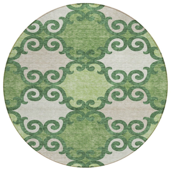 HomeRoots 5' Green and Ivory Trellis Washable Area Rug for Indoor and Outdoor Spaces – Durable, Stylish, Easy-Care 8' Round 592013