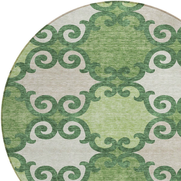 HomeRoots 5' Green and Ivory Trellis Washable Area Rug for Indoor and Outdoor Spaces – Durable, Stylish, Easy-Care 8' Round 592013