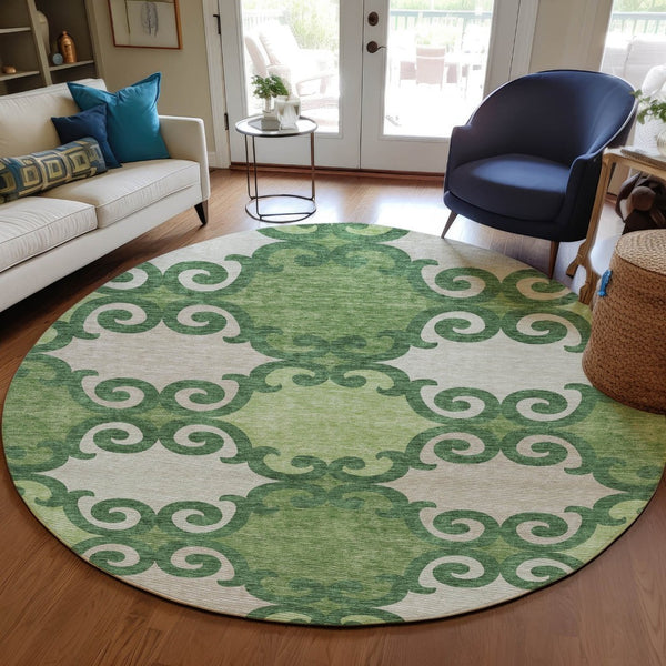 HomeRoots 5' Green and Ivory Trellis Washable Area Rug for Indoor and Outdoor Spaces – Durable, Stylish, Easy-Care 8' Round 592013