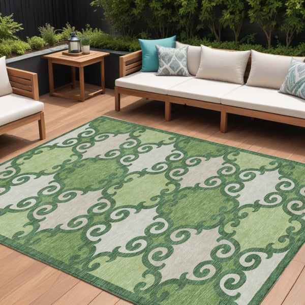 HomeRoots 5' Green and Ivory Trellis Washable Area Rug for Indoor and Outdoor Spaces – Durable, Stylish, Easy-Care 10' X 14' 592016
