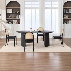 English Elm Rattan Backrest Dining Chairs Set of 2 Teddy Fabric Cushion Solid Wood Legs Kitchen Black W3244P475533