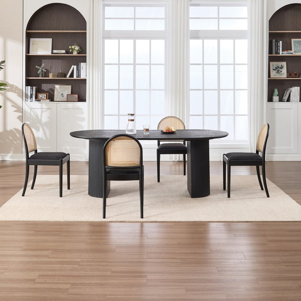 English Elm Rattan Backrest Dining Chairs Set of 2 Teddy Fabric Cushion Solid Wood Legs Kitchen Black W3244P475533