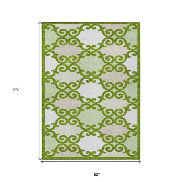 HomeRoots 5' Vibrant Lime Green and Ivory Trellis Washable Area Rug for Indoor and Outdoor Spaces 5' X 8' 592030