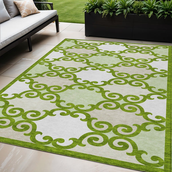 HomeRoots 5' Vibrant Lime Green and Ivory Trellis Washable Area Rug for Indoor and Outdoor Spaces 5' X 8' 592030