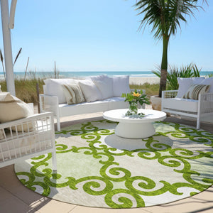 HomeRoots 5' Vibrant Lime Green and Ivory Trellis Washable Area Rug for Indoor and Outdoor Spaces 8' Round 592031