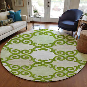 HomeRoots 5' Vibrant Lime Green and Ivory Trellis Washable Area Rug for Indoor and Outdoor Spaces 8' Round 592031