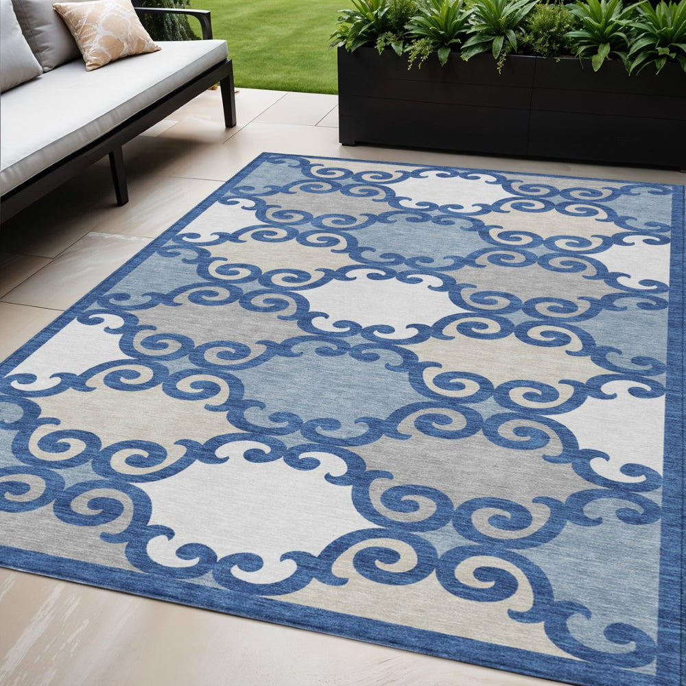 HomeRoots 5' Trellis Area Rug in Navy Blue, Gray, and Ivory - Durable, Washable, Indoor-Outdoor Style 5' X 8' 592036