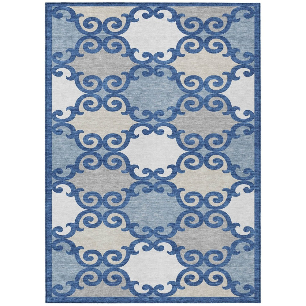 HomeRoots 5' Trellis Area Rug in Navy Blue, Gray, and Ivory - Durable, Washable, Indoor-Outdoor Style 5' X 8' 592036