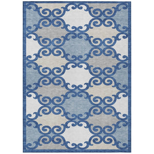 HomeRoots 5' Trellis Area Rug in Navy Blue, Gray, and Ivory - Durable, Washable, Indoor-Outdoor Style 5' X 8' 592036