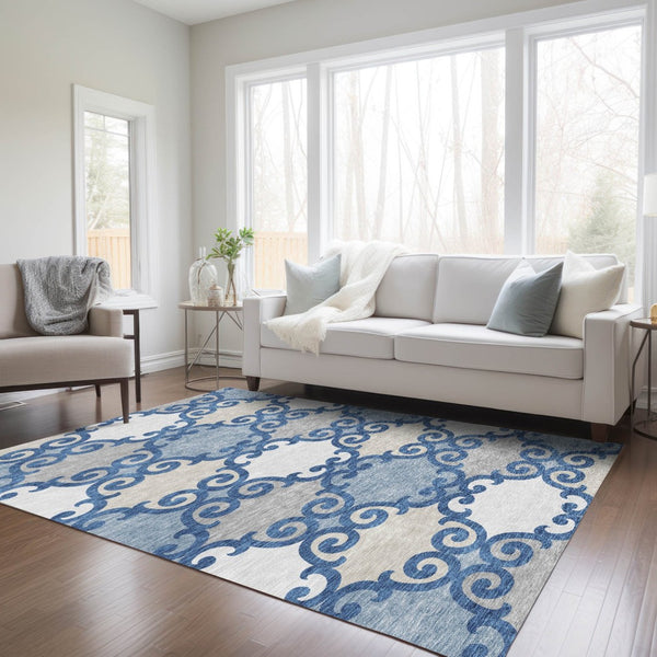 HomeRoots 5' Trellis Area Rug in Navy Blue, Gray, and Ivory - Durable, Washable, Indoor-Outdoor Style 5' X 8' 592036