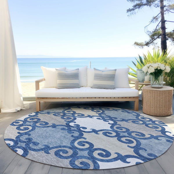 HomeRoots 5' Trellis Area Rug in Navy Blue, Gray, and Ivory - Durable, Washable, Indoor-Outdoor Style 8' Round 592037