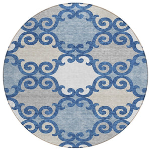 HomeRoots 5' Trellis Area Rug in Navy Blue, Gray, and Ivory - Durable, Washable, Indoor-Outdoor Style 8' Round 592037