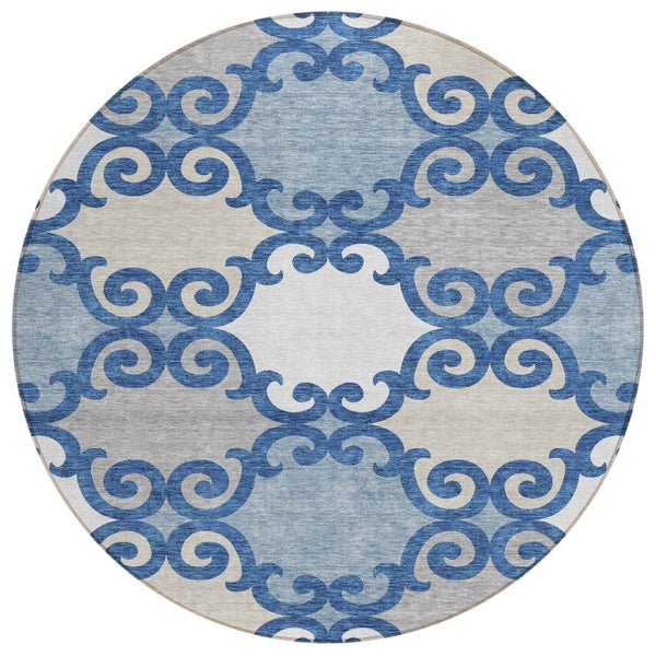 HomeRoots 5' Trellis Area Rug in Navy Blue, Gray, and Ivory - Durable, Washable, Indoor-Outdoor Style 8' Round 592037