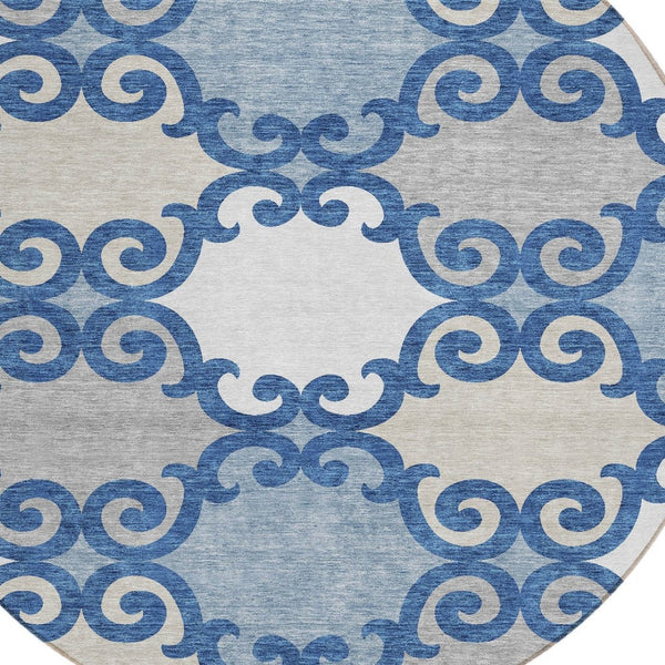 HomeRoots 5' Trellis Area Rug in Navy Blue, Gray, and Ivory - Durable, Washable, Indoor-Outdoor Style 8' Round 592037
