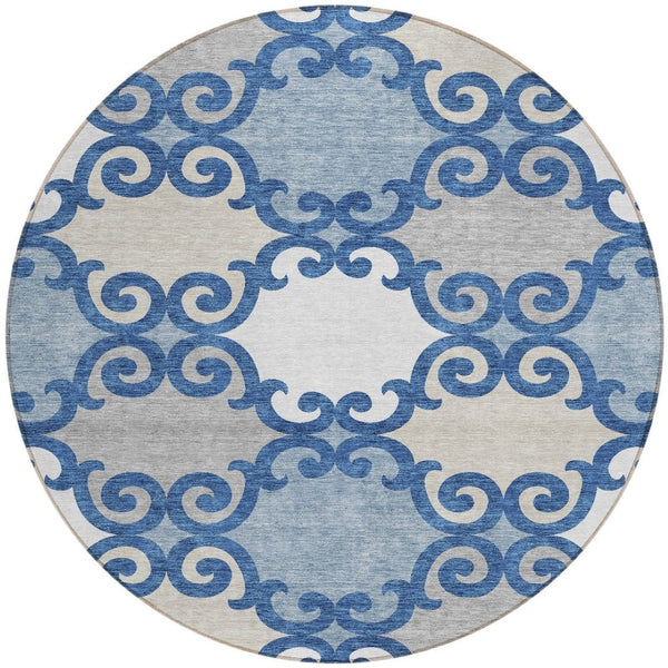 HomeRoots 5' Trellis Area Rug in Navy Blue, Gray, and Ivory - Durable, Washable, Indoor-Outdoor Style 8' Round 592037