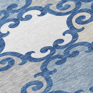 HomeRoots 5' Trellis Area Rug in Navy Blue, Gray, and Ivory - Durable, Washable, Indoor-Outdoor Style 8' Round 592037