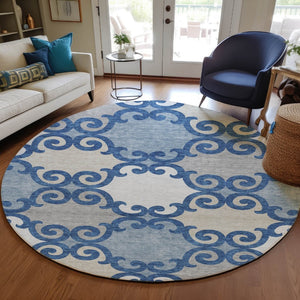 HomeRoots 5' Trellis Area Rug in Navy Blue, Gray, and Ivory - Durable, Washable, Indoor-Outdoor Style 8' Round 592037