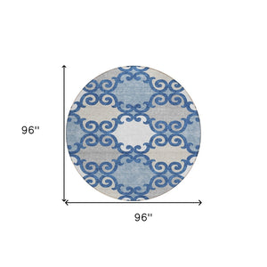 HomeRoots 5' Trellis Area Rug in Navy Blue, Gray, and Ivory - Durable, Washable, Indoor-Outdoor Style 8' Round 592037