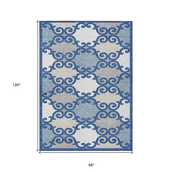 HomeRoots 5' Trellis Area Rug in Navy Blue, Gray, and Ivory - Durable, Washable, Indoor-Outdoor Style 8' X 10' 592038