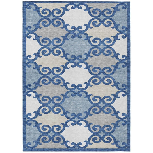 HomeRoots 5' Trellis Area Rug in Navy Blue, Gray, and Ivory - Durable, Washable, Indoor-Outdoor Style 8' X 10' 592038
