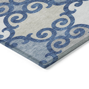 HomeRoots 9' Durable Navy Blue, Gray & Ivory Trellis Area Rug - Machine Washable for Indoor & Outdoor Use 9' X 12' 592039