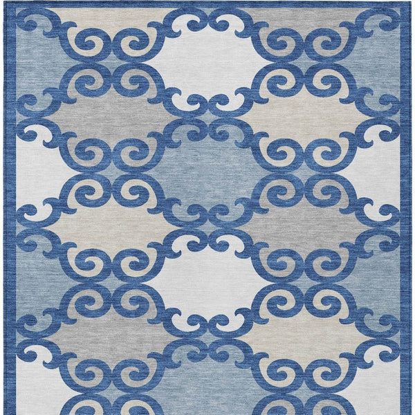 HomeRoots 9' Durable Navy Blue, Gray & Ivory Trellis Area Rug - Machine Washable for Indoor & Outdoor Use 9' X 12' 592039