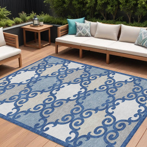 HomeRoots 5' Trellis Area Rug in Navy Blue, Gray, and Ivory - Durable, Washable, Indoor-Outdoor Style 10' X 14' 592040