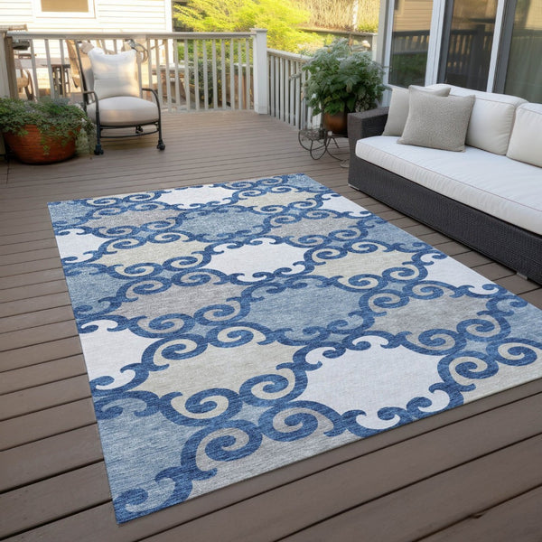 HomeRoots 5' Trellis Area Rug in Navy Blue, Gray, and Ivory - Durable, Washable, Indoor-Outdoor Style 10' X 14' 592040