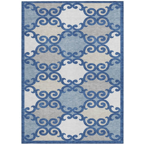 HomeRoots 5' Trellis Area Rug in Navy Blue, Gray, and Ivory - Durable, Washable, Indoor-Outdoor Style 10' X 14' 592040