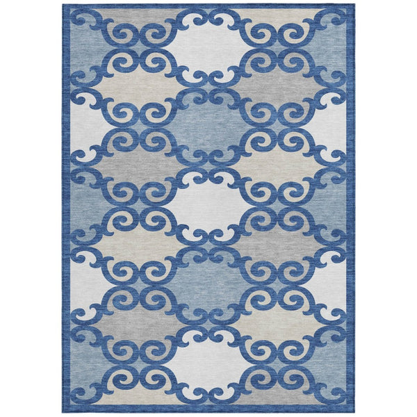 HomeRoots 5' Trellis Area Rug in Navy Blue, Gray, and Ivory - Durable, Washable, Indoor-Outdoor Style 10' X 14' 592040